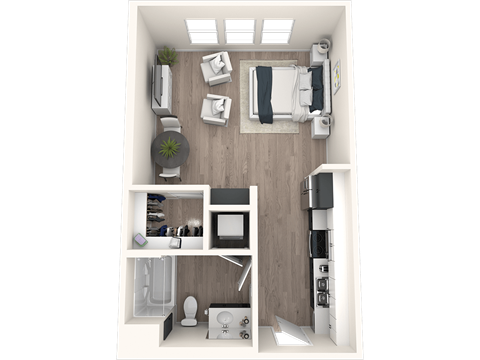 A top-down view of a small, modern apartment with a kitchen, living room, and bathroom.